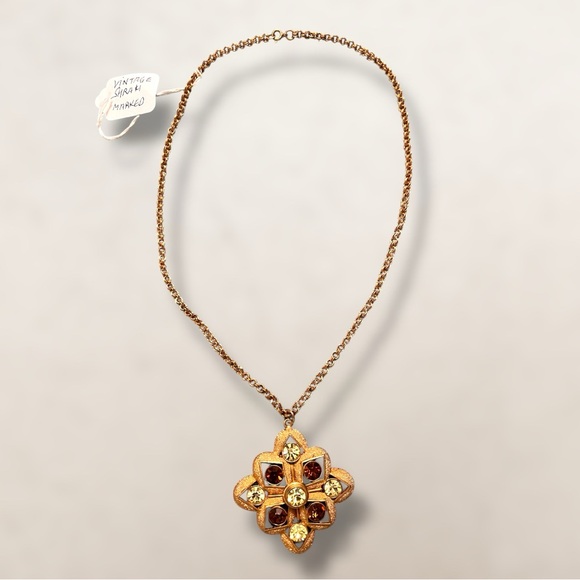 SarahCoventry Vintage Maltese Cross Pendant Necklace with Topaz/Citrine Crystals - Picture 2 of 3